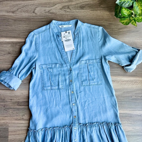 NWT Zara Chambray Button-Down Drop Waist Shirt Dress withRuffle Hem Size XS - Picture 4 of 11